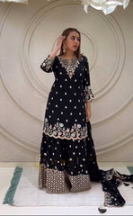 Fashionable Embroidery Sequence Work Black Color Sharara Suit