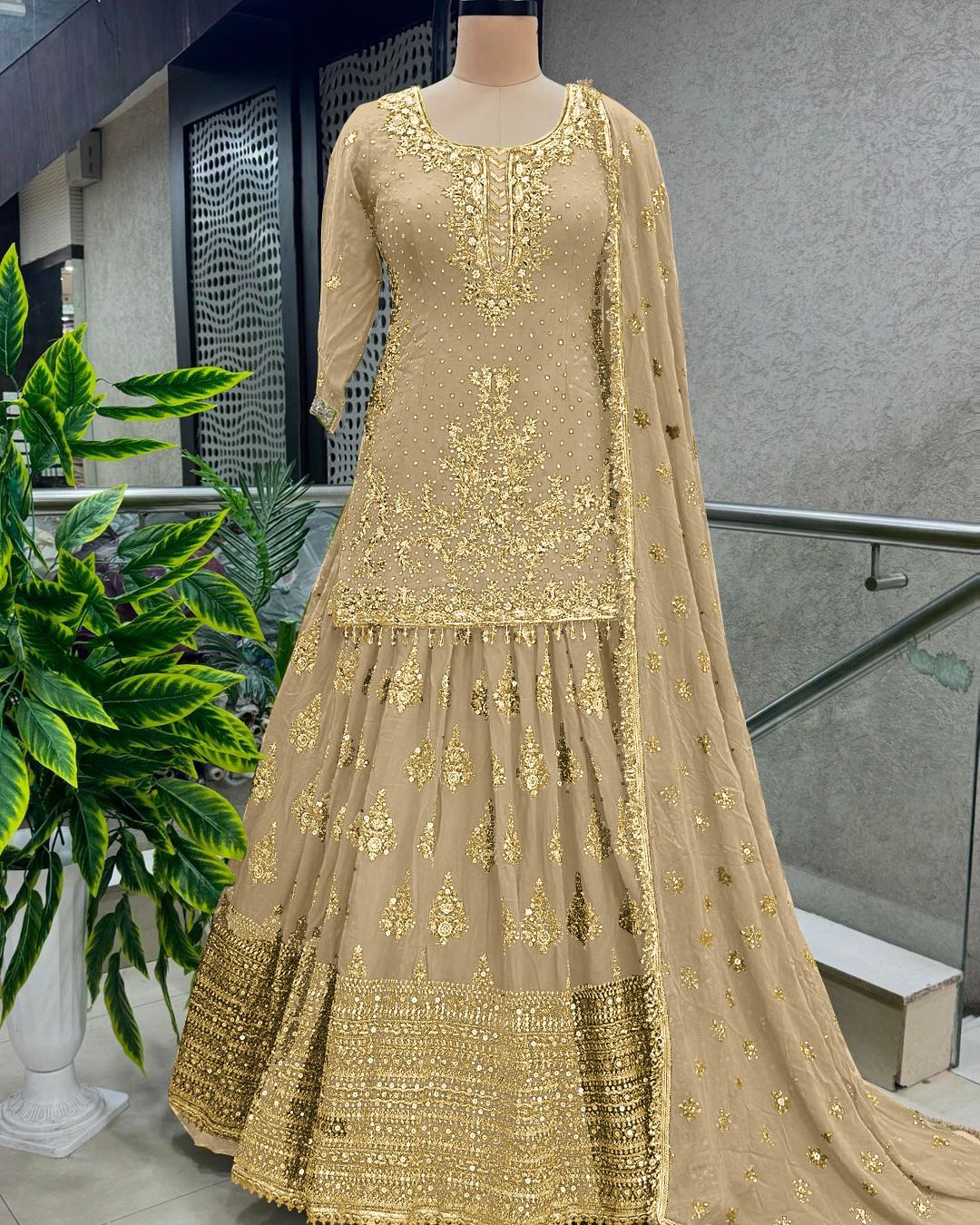 Presenting Embroidery Sequence Work Beige Color Top With Lehenga