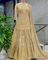 Presenting Embroidery Sequence Work Beige Color Top With Lehenga