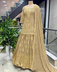 Presenting Embroidery Sequence Work Beige Color Top With Lehenga