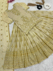 Presenting Embroidery Sequence Work Beige Color Top With Lehenga