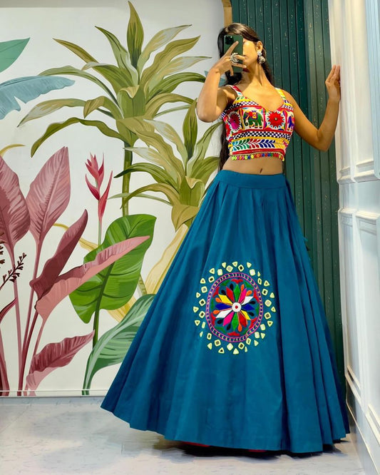 Navratri Collection Sky Blue Color Cotton Silk Lehenga Choli