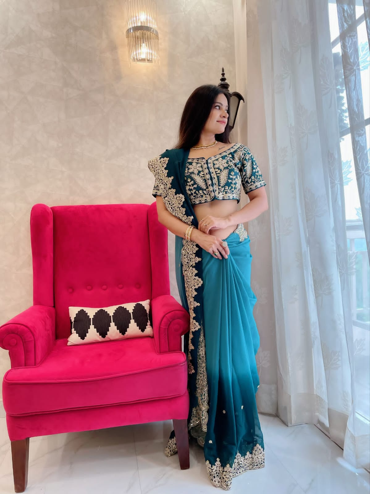 Wedding Wear Sky Blue Color Georgette Heavy Border Saree