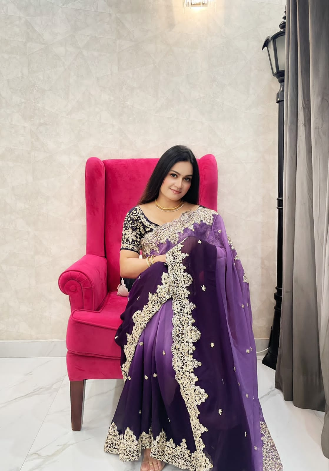 Wedding Wear Purple Color Georgette Heavy Border Saree