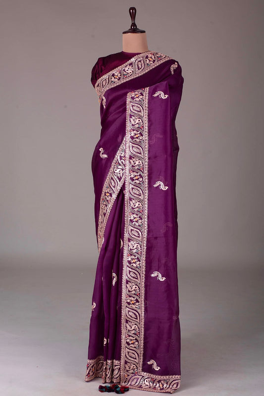 Outstanding Lichi Silk Border Wine Color Saree