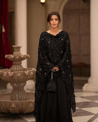 Alluring Roman Cotton Black Color Long Gown With Work Dupatta