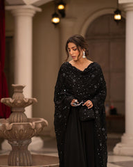 Alluring Roman Cotton Black Color Long Gown With Work Dupatta