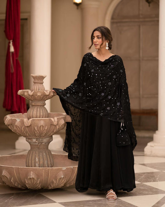 Alluring Roman Cotton Black Color Long Gown With Work Dupatta