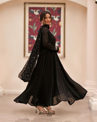 Alluring Roman Cotton Black Color Long Gown With Work Dupatta