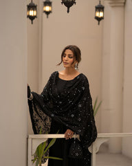 Alluring Roman Cotton Black Color Long Gown With Work Dupatta