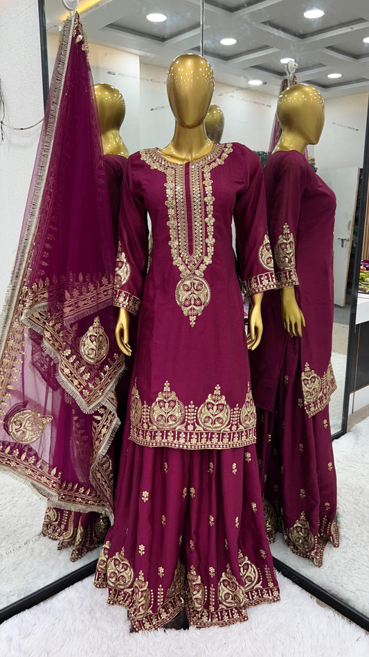 Exotic Sequence Work Wine Color Sharara Suit