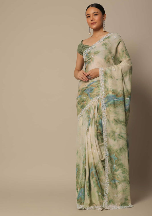 Shibori Print Digital Embroidery Work Green Color Saree