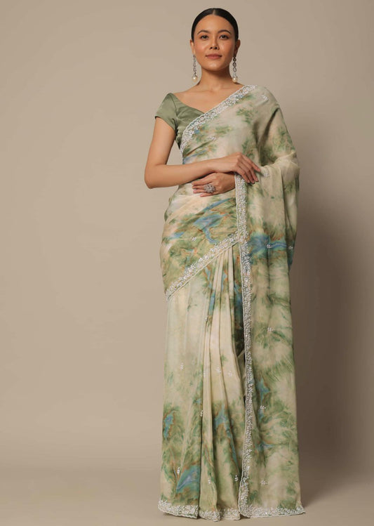 Shibori Print Digital Embroidery Work Green Color Saree