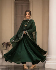 Preferable Roman Cotton Green Color Gown WIth Dupatta