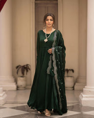 Preferable Roman Cotton Green Color Gown WIth Dupatta