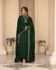 Preferable Roman Cotton Green Color Gown WIth Dupatta