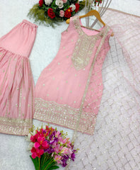 Classy Pink Color Sequence Work Sharara Suit