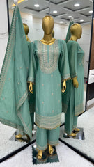 Occasion wear Pista Color Silk Embroidery Work Silk Salwar Suit