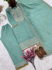 Occasion wear Pista Color Silk Embroidery Work Silk Salwar Suit