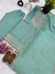 Occasion wear Pista Color Silk Embroidery Work Silk Salwar Suit