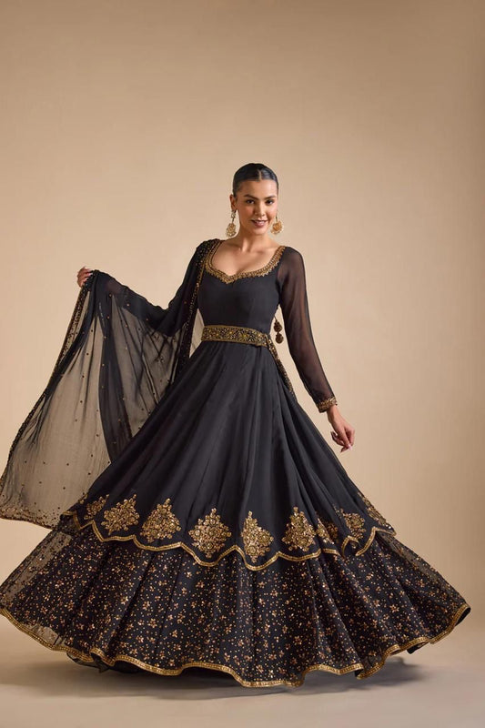 Black Color Georgette Thread Work Gown With Dupatta