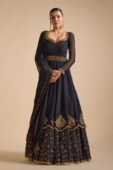 Black Color Georgette Thread Work Gown With Dupatta