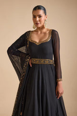 Black Color Georgette Thread Work Gown With Dupatta