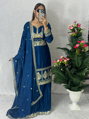 Eyes Catching Chinon Silk Blue Color Sharara Suit