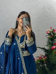 Eyes Catching Chinon Silk Blue Color Sharara Suit