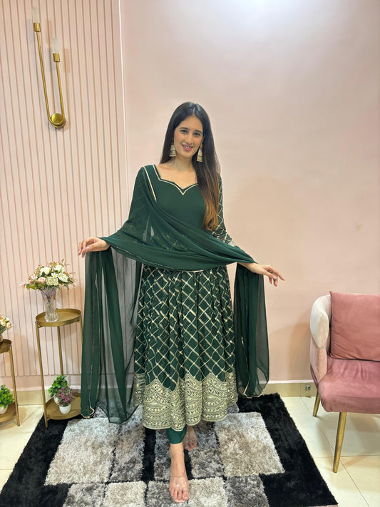 Demanding Heavy Work Green Color Anarkali Suit