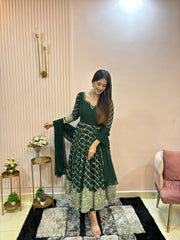 Demanding Heavy Work Green Color Anarkali Suit