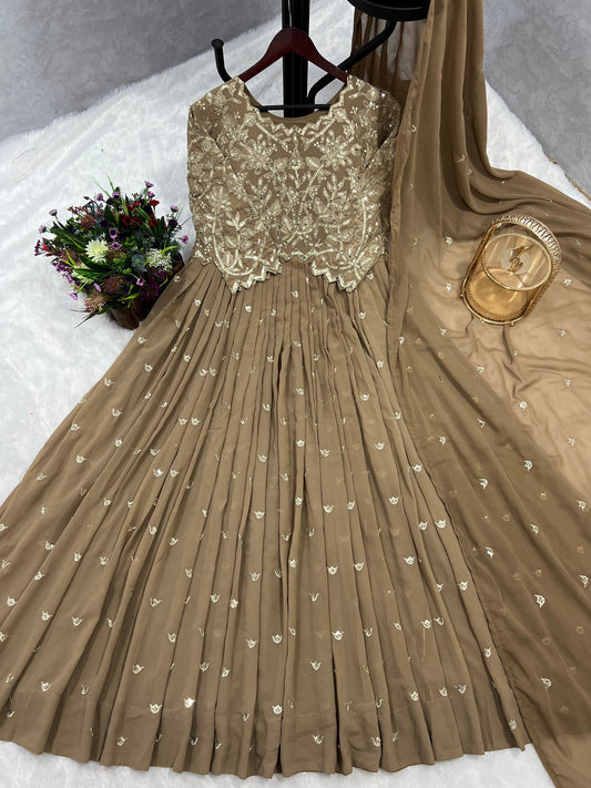 Wonderful Sequence Work Beige Color Gown With Dupatta