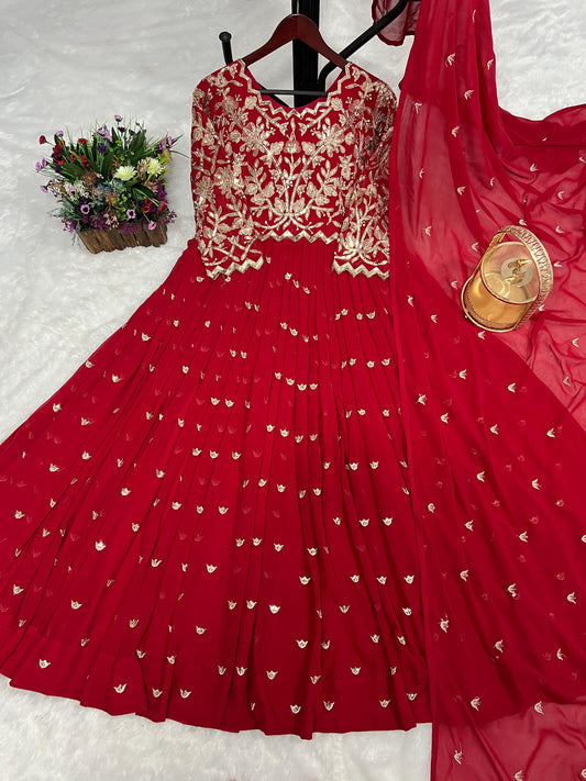 Wonderful Sequence Work Red Color Gown With Dupatta