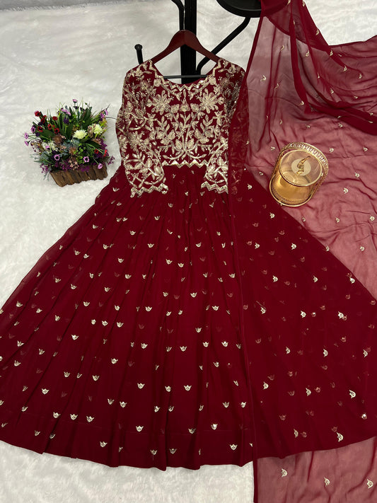 Wonderful Sequence Work Mroon Color Gown With Dupatta