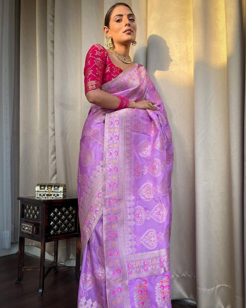 Wedding Wear Jacquard Work Lavender Lichi Silk Saree