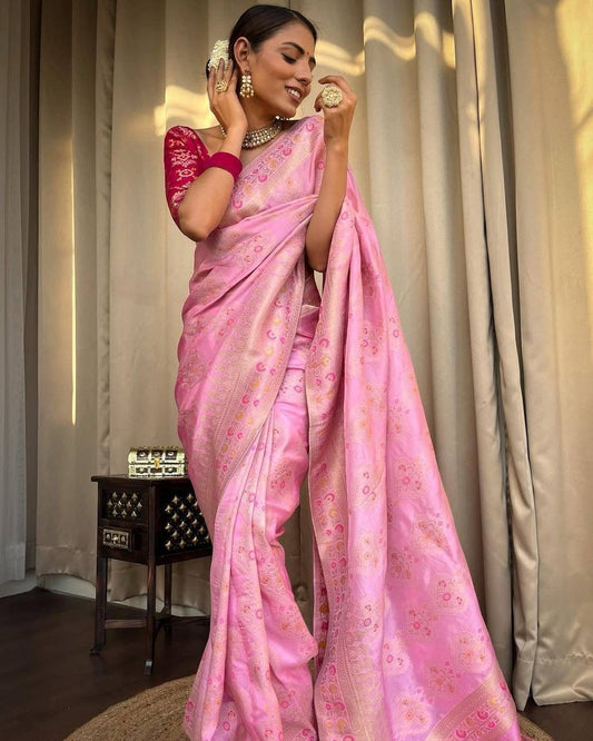 Wedding Wear Jacquard Work Pink Lichi Silk Saree