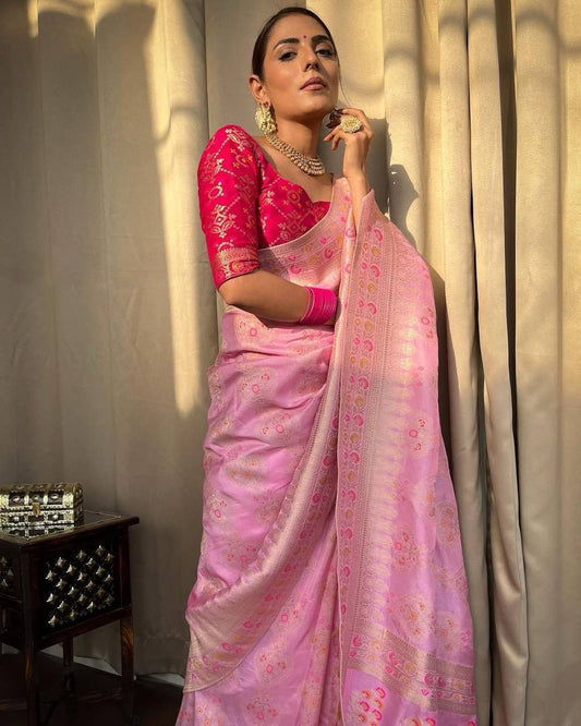 Wedding Wear Jacquard Work Pink Lichi Silk Saree