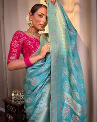 Wedding Wear Jacquard Work Sky Blue Lichi Silk Saree