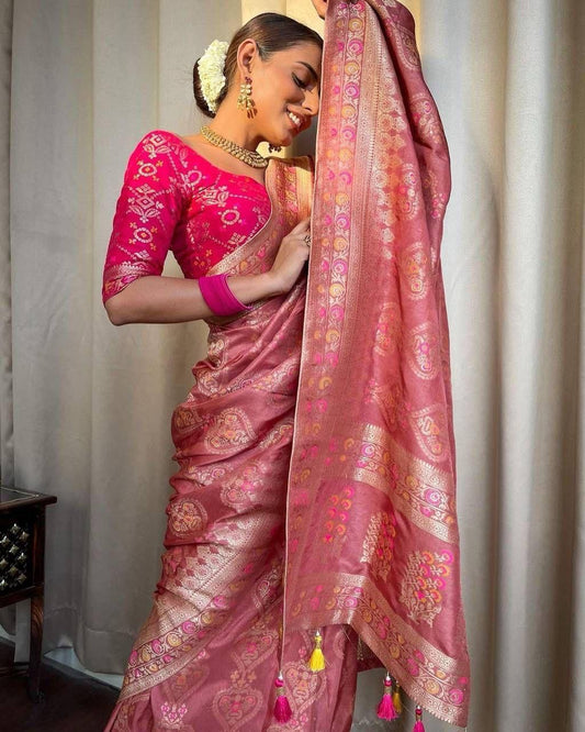 Wedding Wear Jacquard Work Dusty Pink Lichi Silk Saree