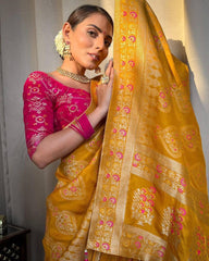 Wedding Wear Jacquard Work Musterd Lichi Silk Saree