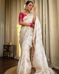 Wedding Wear Jacquard Work White Lichi Silk Saree