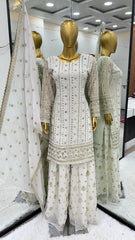 Festive Wear White Color Sequence Work Sharara Suit