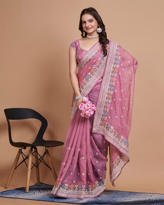 Fantastic Pink Color Organza Embroidery Work Saree