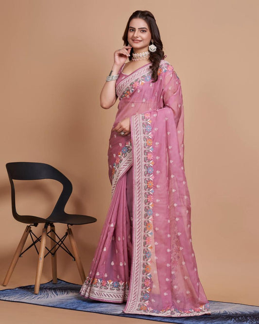 Fantastic Pink Color Organza Embroidery Work Saree