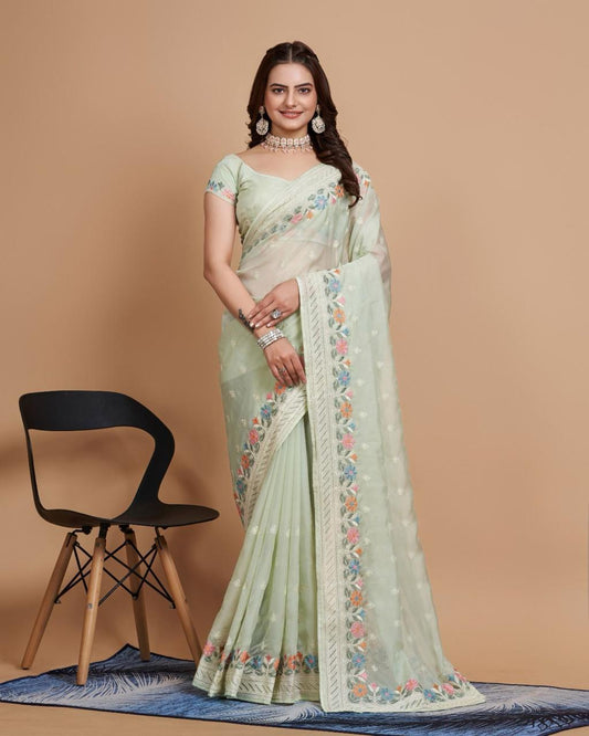 Fantastic Pista Color Organza Embroidery Work Saree