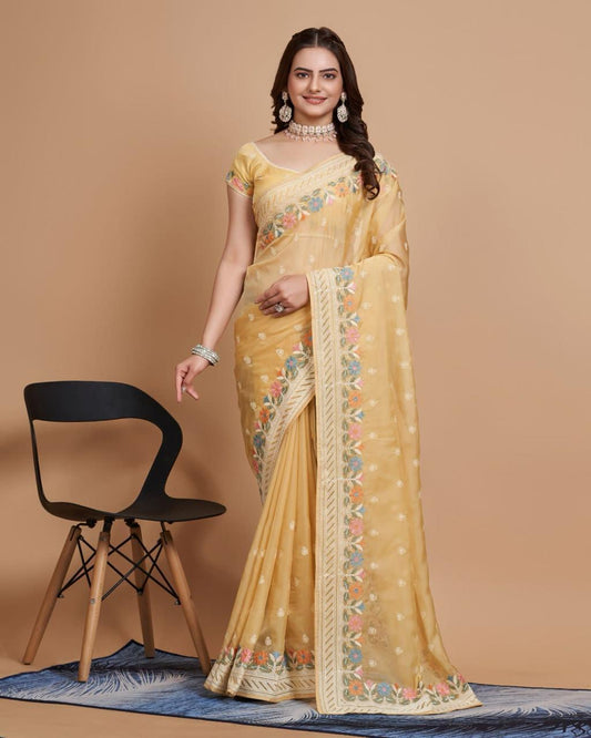 Fantastic Yellow Color Organza Embroidery Work Saree