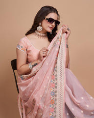 Fantastic Peach Color Organza Embroidery Work Saree