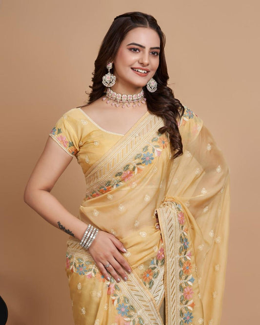 Fantastic Yellow Color Organza Embroidery Work Saree