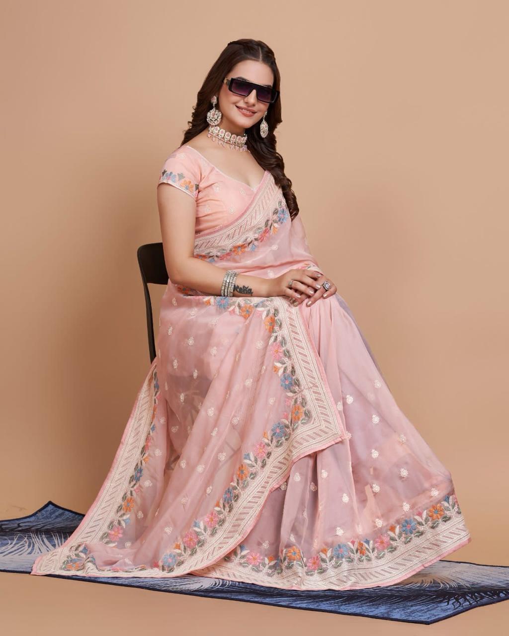 Fantastic Peach Color Organza Embroidery Work Saree