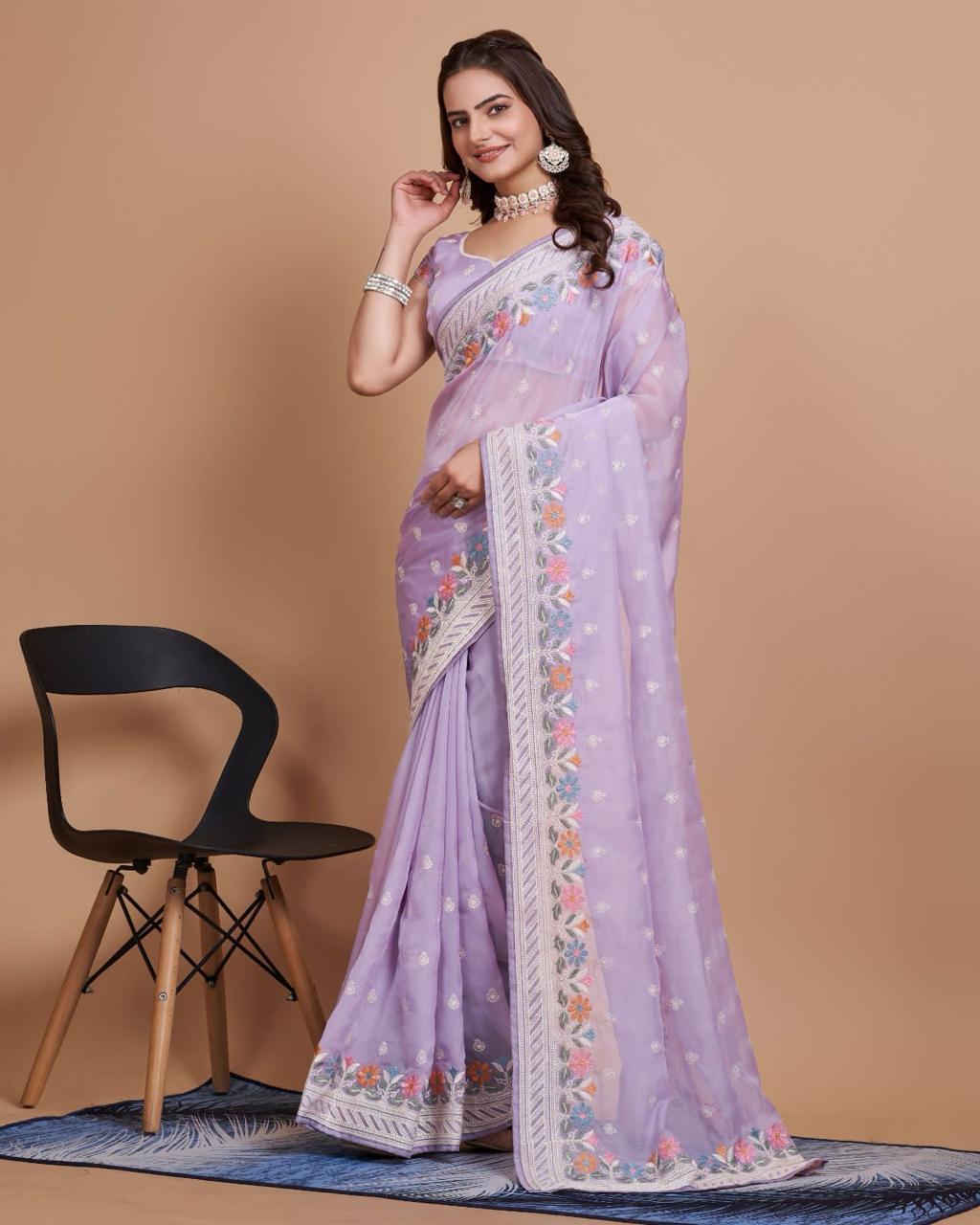 Fantastic Lavender Color Organza Embroidery Work Saree